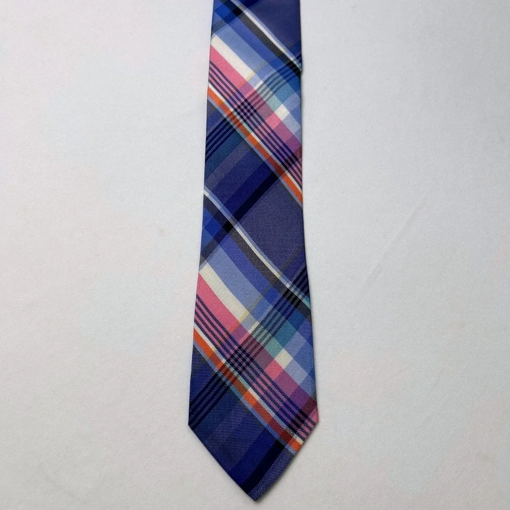 Tommy Hilfiger Mens Silk Plaid Madras Check Necktie Blue Pink Multi 61